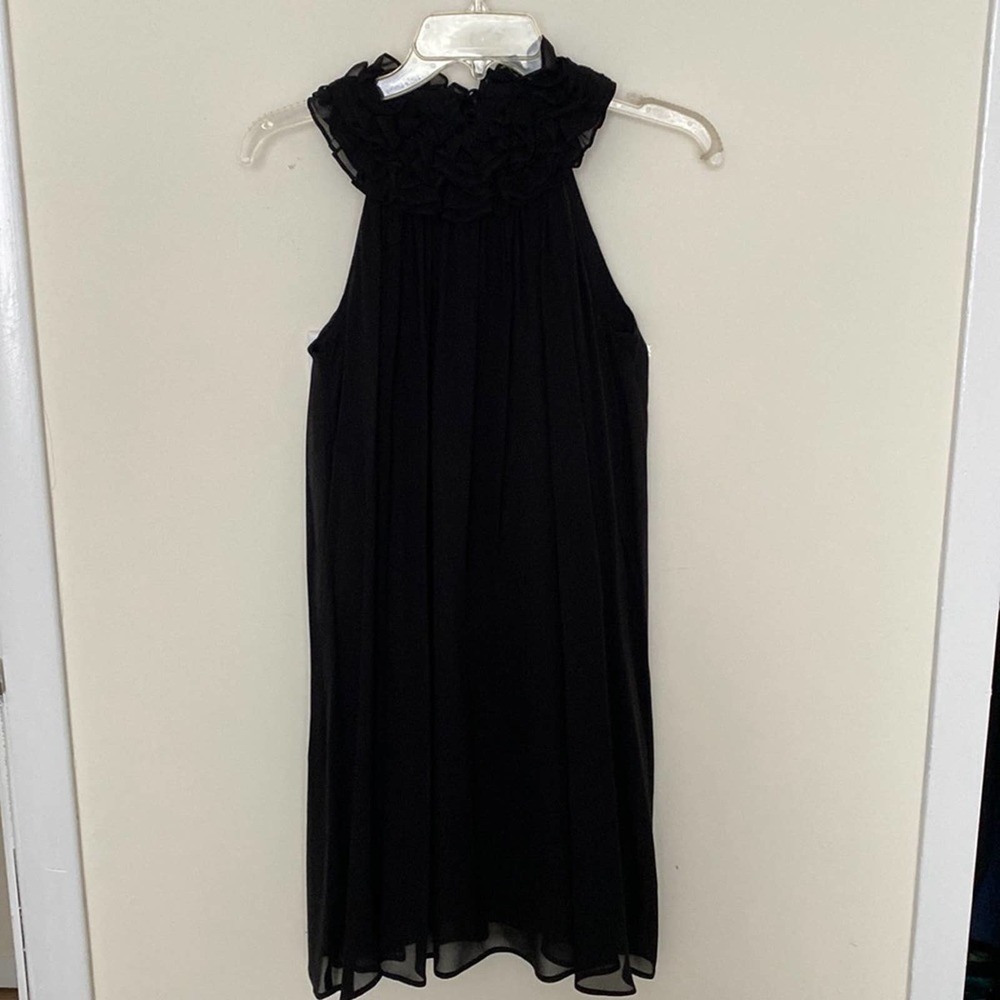 French Connection Black Pleated 100% Silk Dress with Ruffled Neckline Size 4